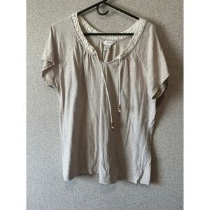CJ‎ Banks Women's Striped Tunic Top 1X Raglan Crochet V Neck Beige White